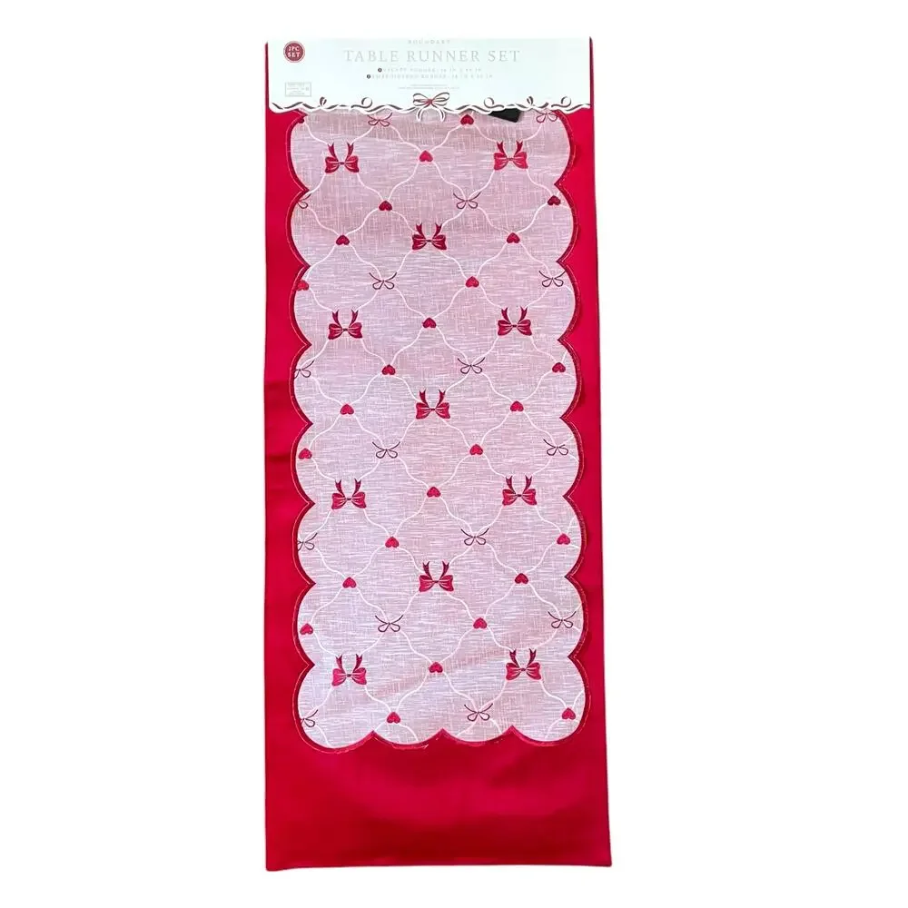 2pc Velvet Valentines Day Table Runner Bows Hearts Red & White by Envogue New